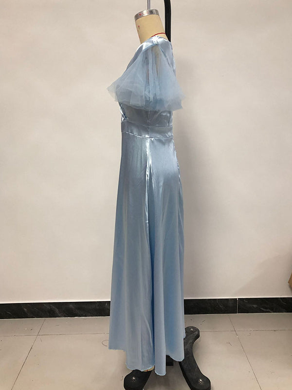 Gauze Solid Color Split-Joint A-Line High Waisted V-Neck Maxi Dresses