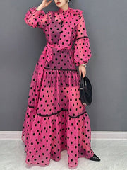 Elasticity Polka-Dot See-Through Split-Joint Tied Long Sleeves Loose Mock Neck Maxi Dresses