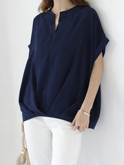 Pleated Solid Color Split-Joint Batwing Sleeves Loose Round-Neck Blouses&Shirts Tops