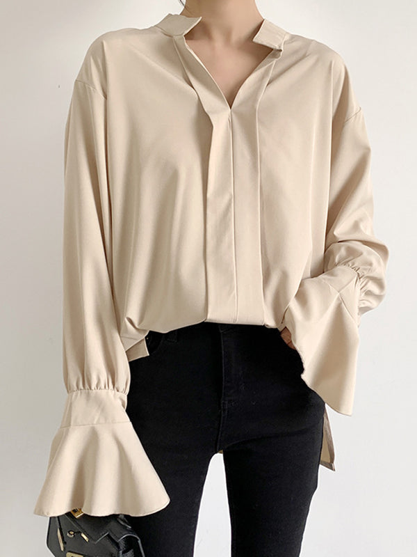 Solid Color Flared Sleeves High-low V-neck Blouses&shirts Tops