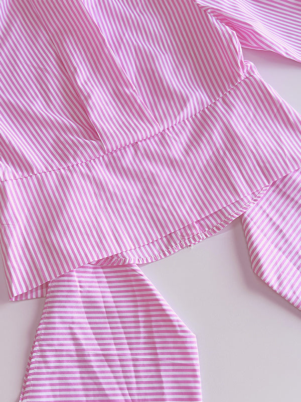 Asymmetric Split-Joint Striped Long Sleeves Loose Lapel Blouses