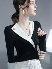Asymmetric Contrast Color Split-Joint Long Sleeves Skinny V-neck Blouses&shirts Tops
