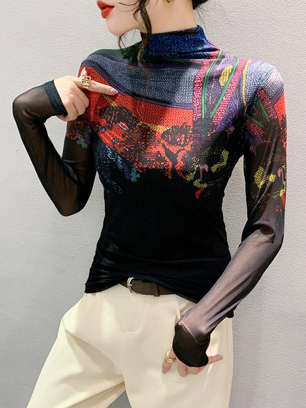 Printed See-Through Split-Joint Long Sleeves Plus Size High Neck T-Shirts