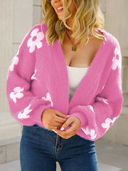 Knitted Flower Long Sleeves Loose Collarless Cardigan Tops