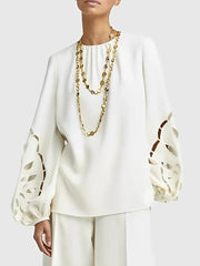 Loose Puff Sleeves Hollow Solid Color Round-neck Blouses&shirts Tops