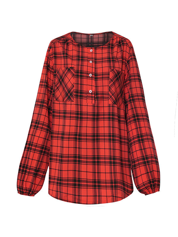 Buttoned Elasticity Plaid Pockets Long Sleeves Loose Round-Neck Blouses&Shirts Tops