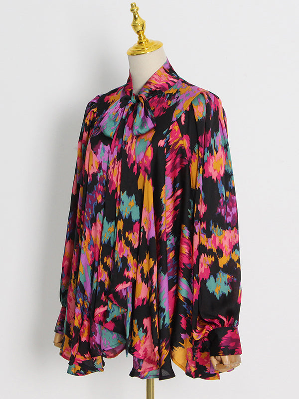 Loose Printed Puff Sleeves Pleated Stand Collar Blouses