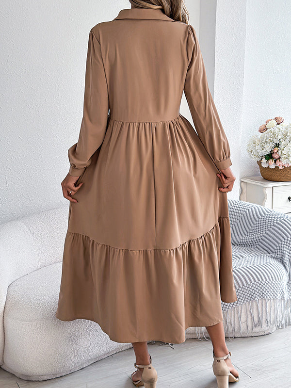 Pleated Ruffled Solid Color High Waisted Long Sleeves Lapel Shirt Dress Midi Dresses