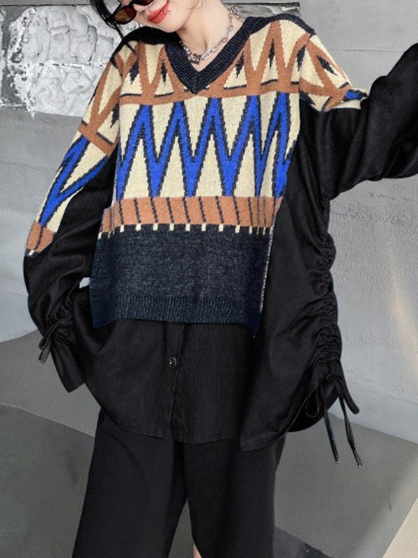 Drawstring Split-Joint False Two Long Sleeves V-Neck Sweater