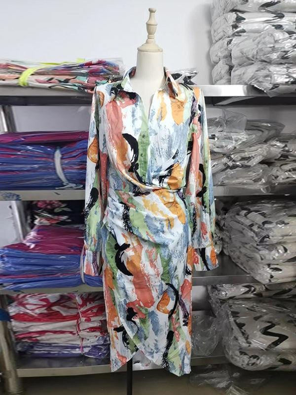 Asymmetric Pleated Printed Split-Joint High Waisted Long Sleeves Deep V-Neck Midi Dresses