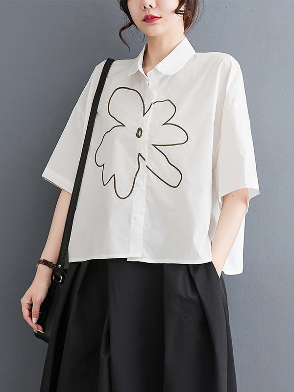 Floral Printed Loose Short Sleeves Lapel Blouses