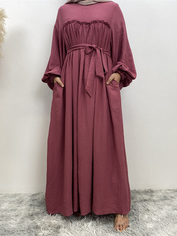 Elasticity Muslim Pleated Solid Color Split-Joint Tied Waist Bishop Sleeve Long Sleeves Round-Neck Maxi Dresses