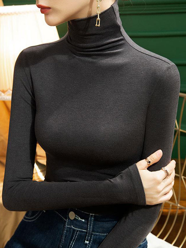 Solid Color Split-Joint Long Sleeves Plus Size High Neck T-Shirts Tops