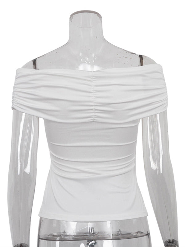 Knot Pleated Solid Color Split-Joint Short Sleeves Skinny Boat Neck T-Shirts Tops