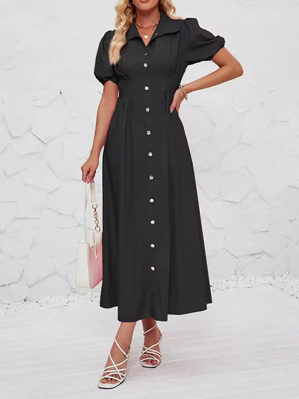 Pleated Split-Joint Loose Puff Sleeves Lapel Shirt Dress Maxi Dresses