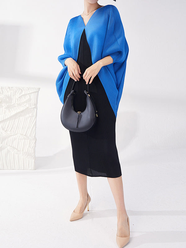 Contrast Color Pleated Batwing Sleeves Loose Round-neck Midi Dresses