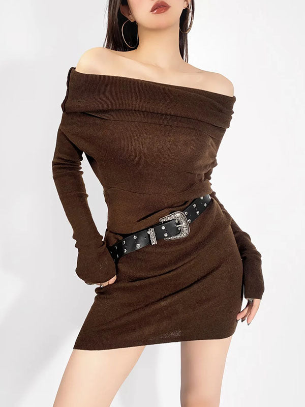 Pleated Solid Color Split-Joint Long Sleeves Skinny Off-the-shoulder Pullovers Knitwear