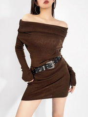 Pleated Solid Color Split-Joint Long Sleeves Skinny Off-the-shoulder Pullovers Knitwear