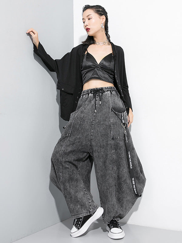 Loose Wide Leg Split-Joint Streamer Jean Pants Bottoms