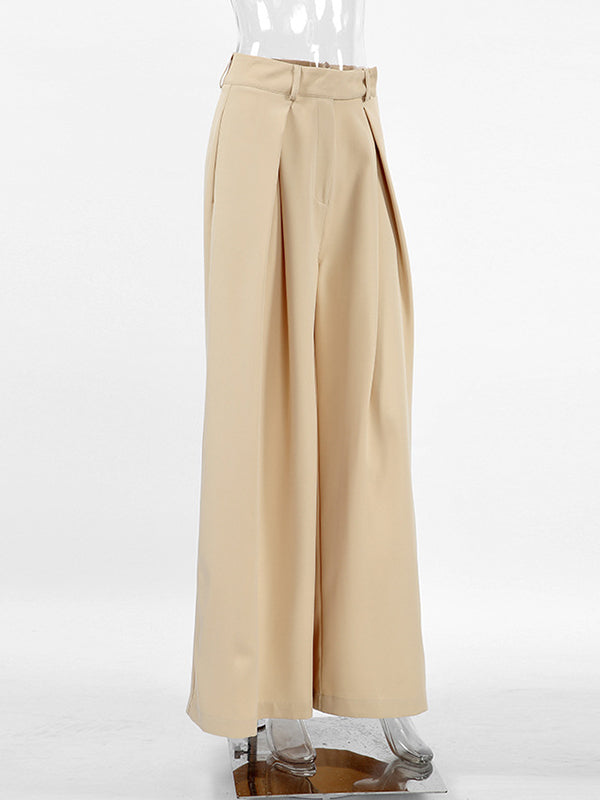Pleated Solid Color Split-Joint High Waisted Loose Trousers Suit Pants