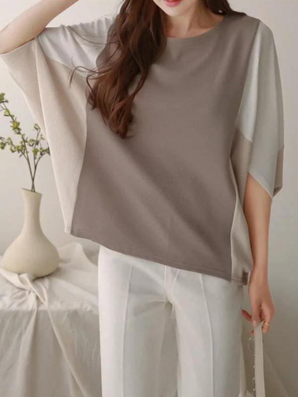 Contrast Color Split-Joint Batwing Sleeves Loose Round-Neck T-Shirts Tops