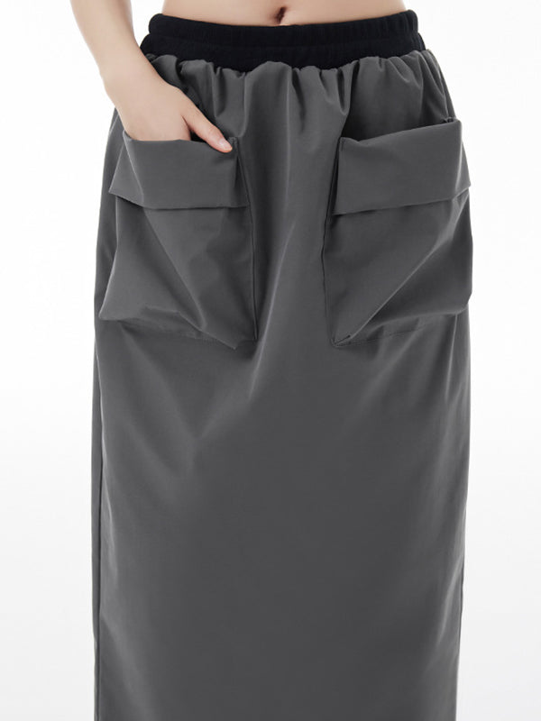 Pleated Pockets Split-Back A-Line High Waisted Skirts Bottoms