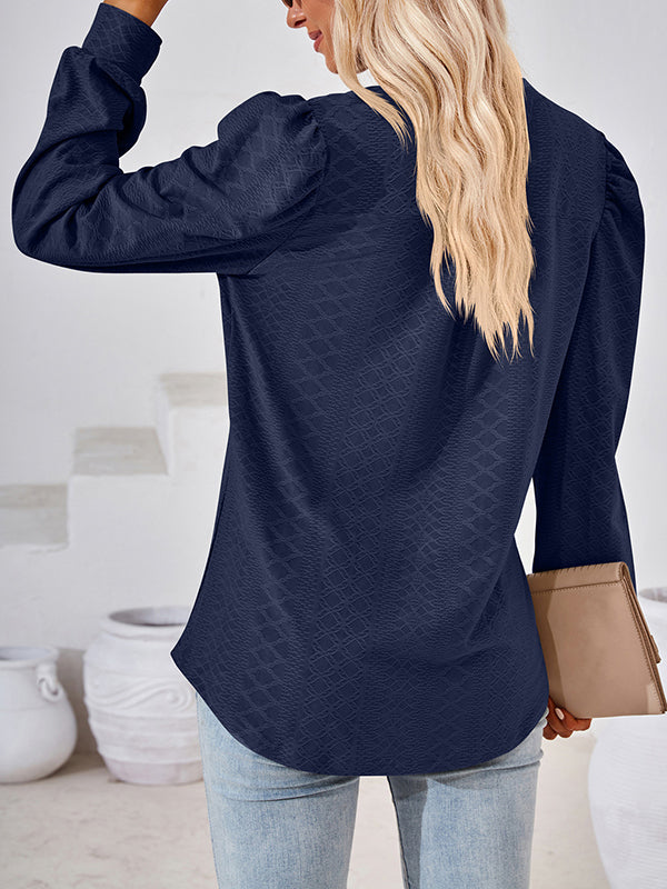 Jacquard Solid Color Long Sleeves Loose V-neck T-Shirts Tops