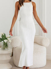Pleated Solid Color Split-back Split-Joint Zipper Bodycon Sleeveless Spaghetti-Neck Maxi Dresses