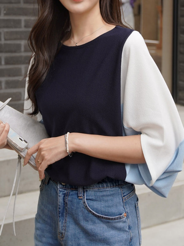 Contrast Color Batwing Sleeves Half Sleeves Round-neck Blouses&shirts Tops