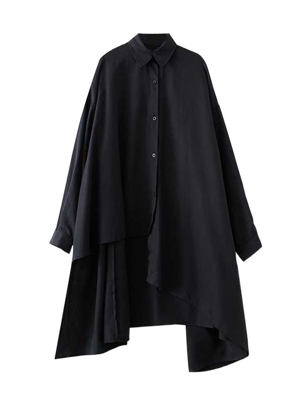 Asymmetric Buttoned Solid Color Split-Joint High-Low Long Sleeves Lapel Blouses&Shirts Tops