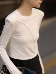 Asymmetric Shoulder Pad Solid Color Split-Joint Long Sleeves Skinny Round-Neck T-Shirts Tops