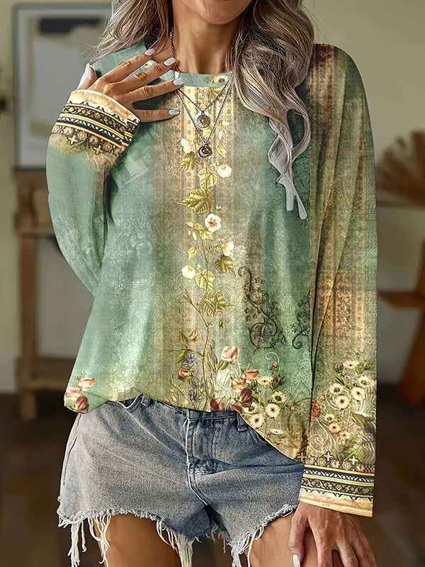 Flower Print Long Sleeves Loose Round-Neck T-Shirts Tops