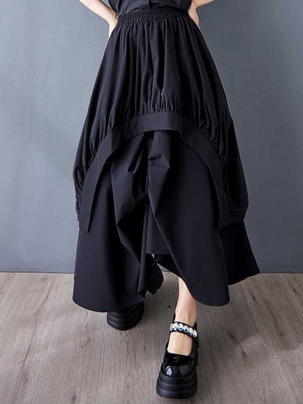 Asymmetric Elasticity Pleated Pockets Solid Color A-Line Loose Skirts Bottoms