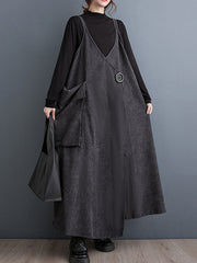 Adjustable Asymmetric Buttoned Pockets Solid Color A-line High-low Spaghetti-Neck Midi Dresses