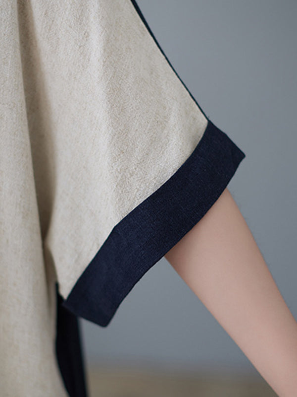 Contrast Color Half Sleeves Loose Round-neck Midi Dresses