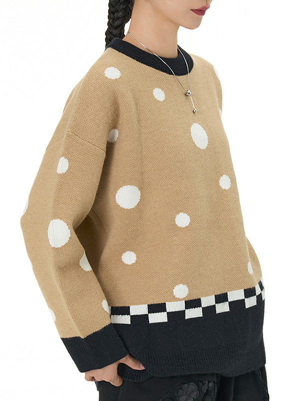 Contrast Color Polka-Dot Velvet Long Sleeves Loose Round-Neck Sweater Tops Pullovers