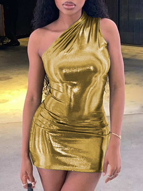 Asymmetric Shiny Solid Color Split-Joint Skinny One-Shoulder Mini Dresses Evening Dresses