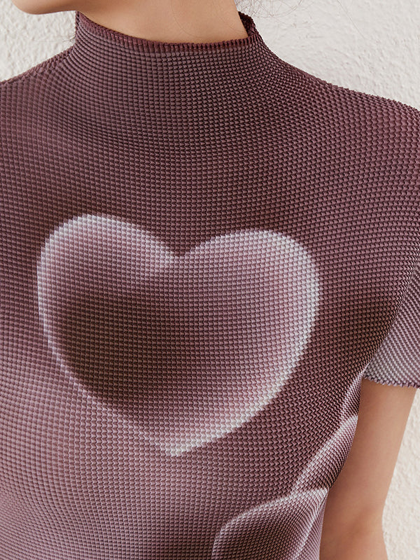 Heart Shape Pleated Short Sleeves Mock Neck T-Shirts Tops