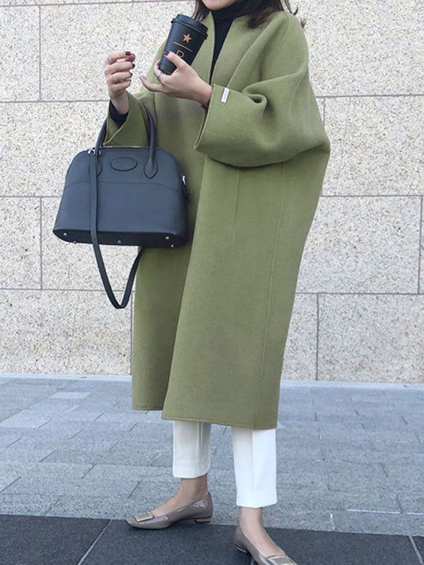 Solid Color Long Sleeves Loose Collarless Woolen Coat