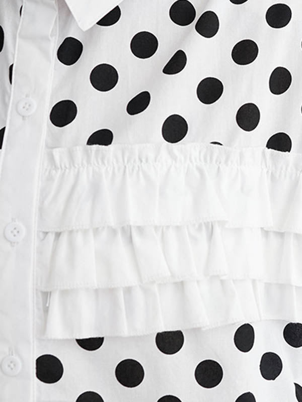 Contrast Color Pleated Polka-Dot Split-Joint Loose Short Sleeves Lapel Blouses