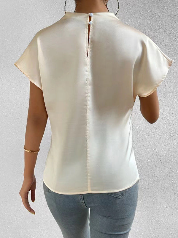 Pleated Solid Color Loose Short Sleeves Mock Neck T-Shirts Tops