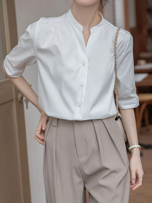 Buttoned Pleated Solid Color Split-Joint Half Sleeves Loose Stand Collar Blouses&Shirts Tops
