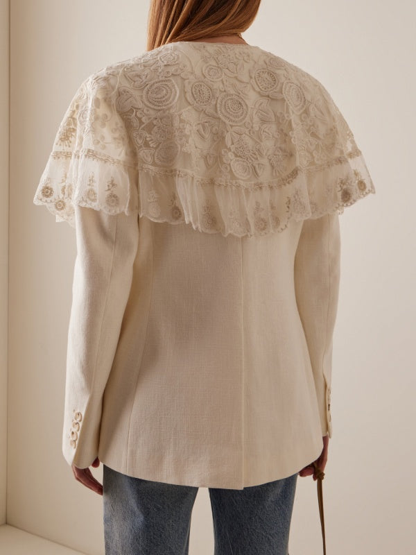 Buttoned Embroidered Mesh Pockets Split-Joint Long Sleeves Deep V-Neck Outerwear Blazer