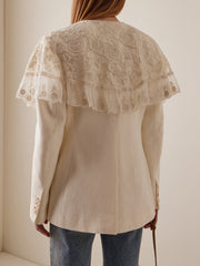 Buttoned Embroidered Mesh Pockets Split-Joint Long Sleeves Deep V-Neck Outerwear Blazer