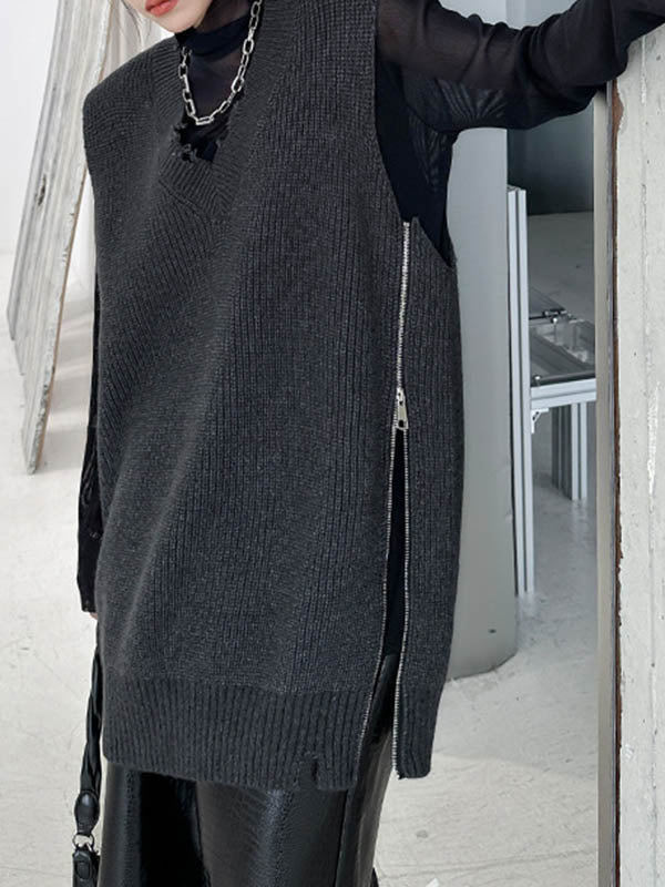 Asymmetric Split-Side Zipper Loose Sleeveless V-Neck Vest Outerwear