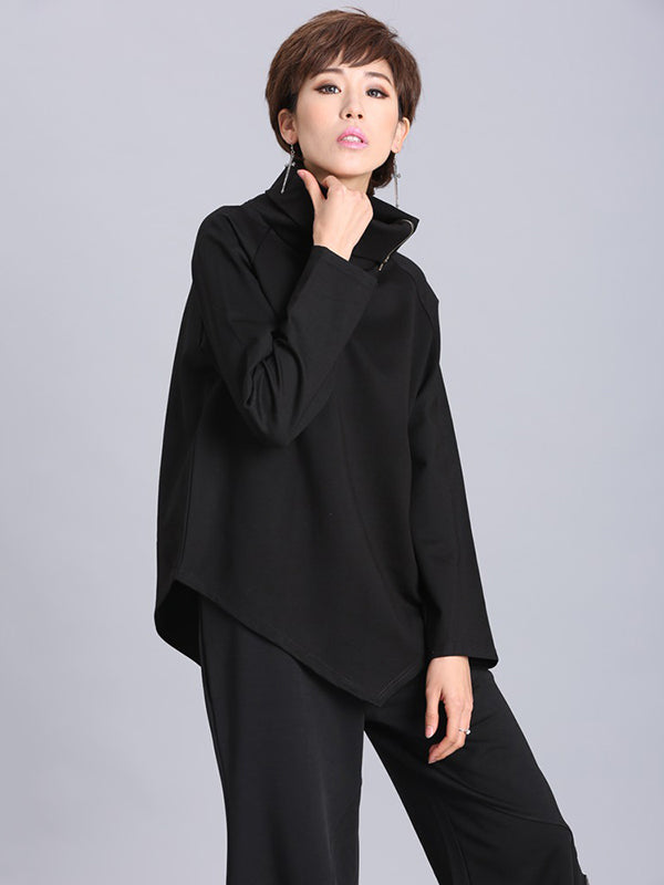 Stylish Zipper Irregularity High-Neck T-Shirts Tops
