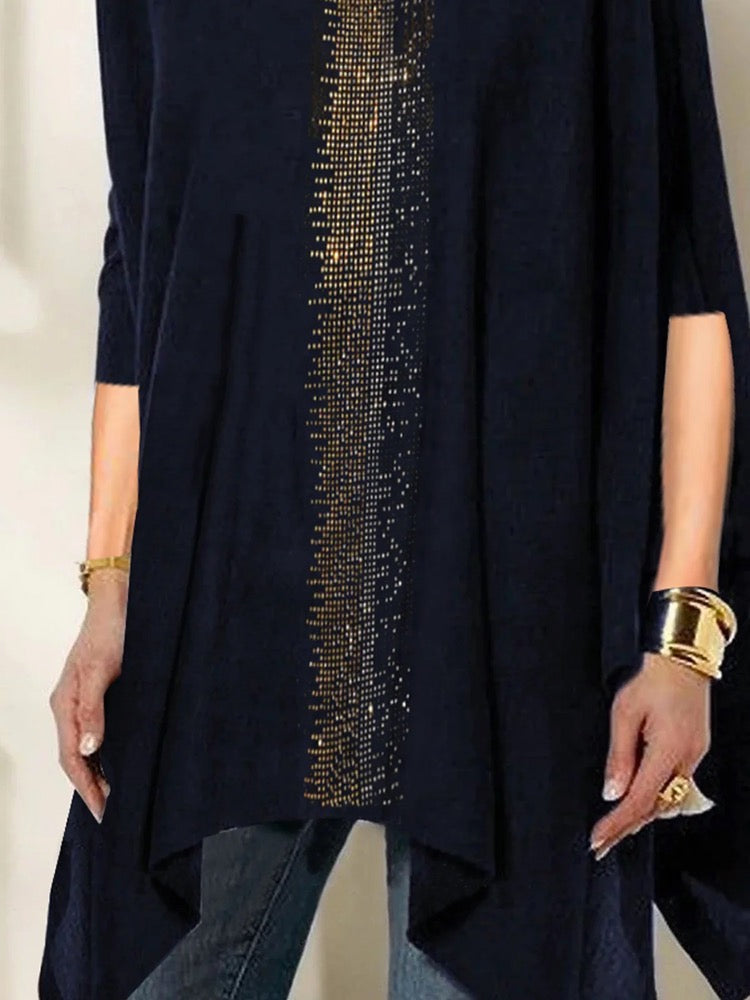 Rhine Stones Solid Color Half Sleeves Irregular Clipping Boat Neck T-Shirts Tops