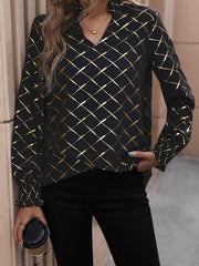 Bronzing Elasticity Split-Joint Long Sleeves Loose V-Neck Blouses&Shirts Tops