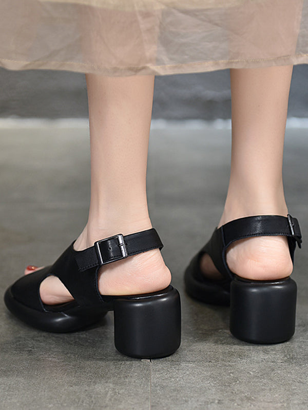 Hollow Open Toe Solid Color Block Heel Sandals