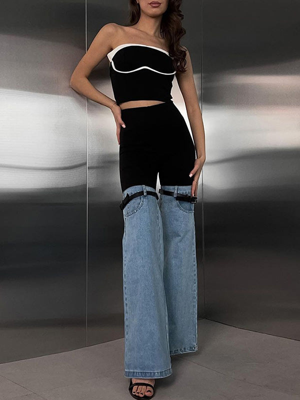 Belted Split-Joint High Waisted Flared Trousers
